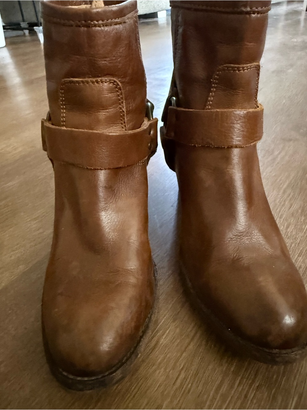 Frye Cognac Leather Harness Ankle Boots